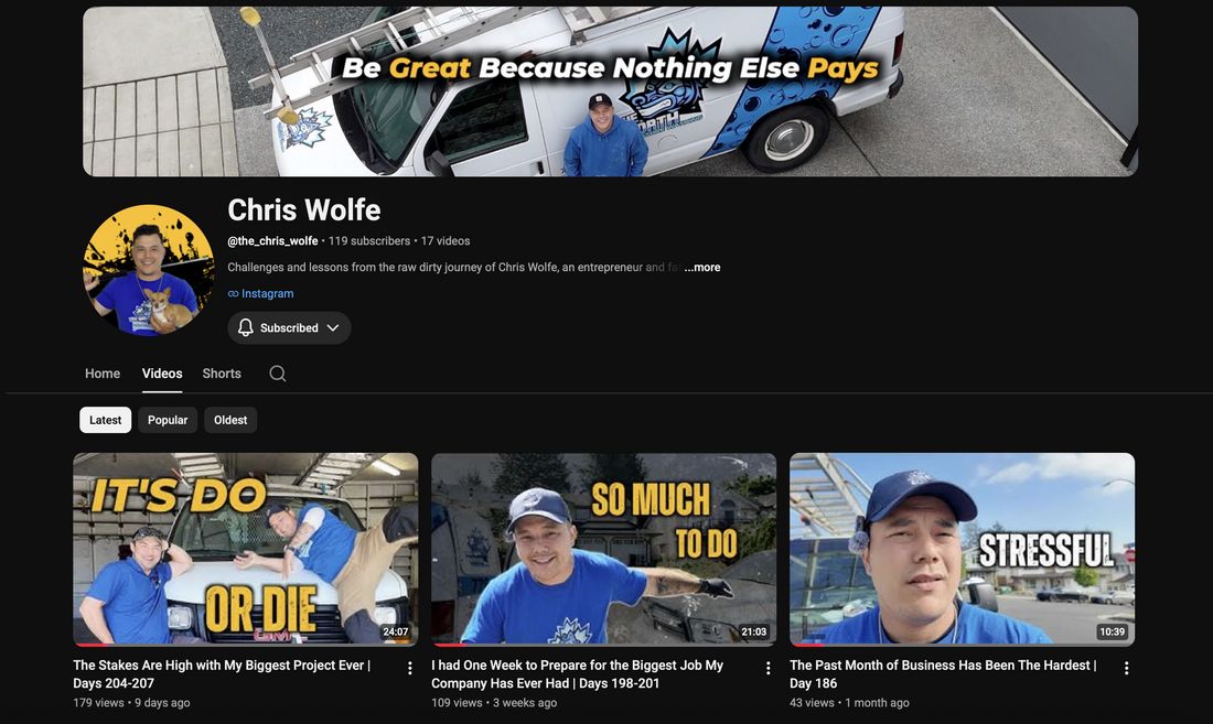 Chris Wolfe's YouTube channel, with vlog episodes about his pressure washing business